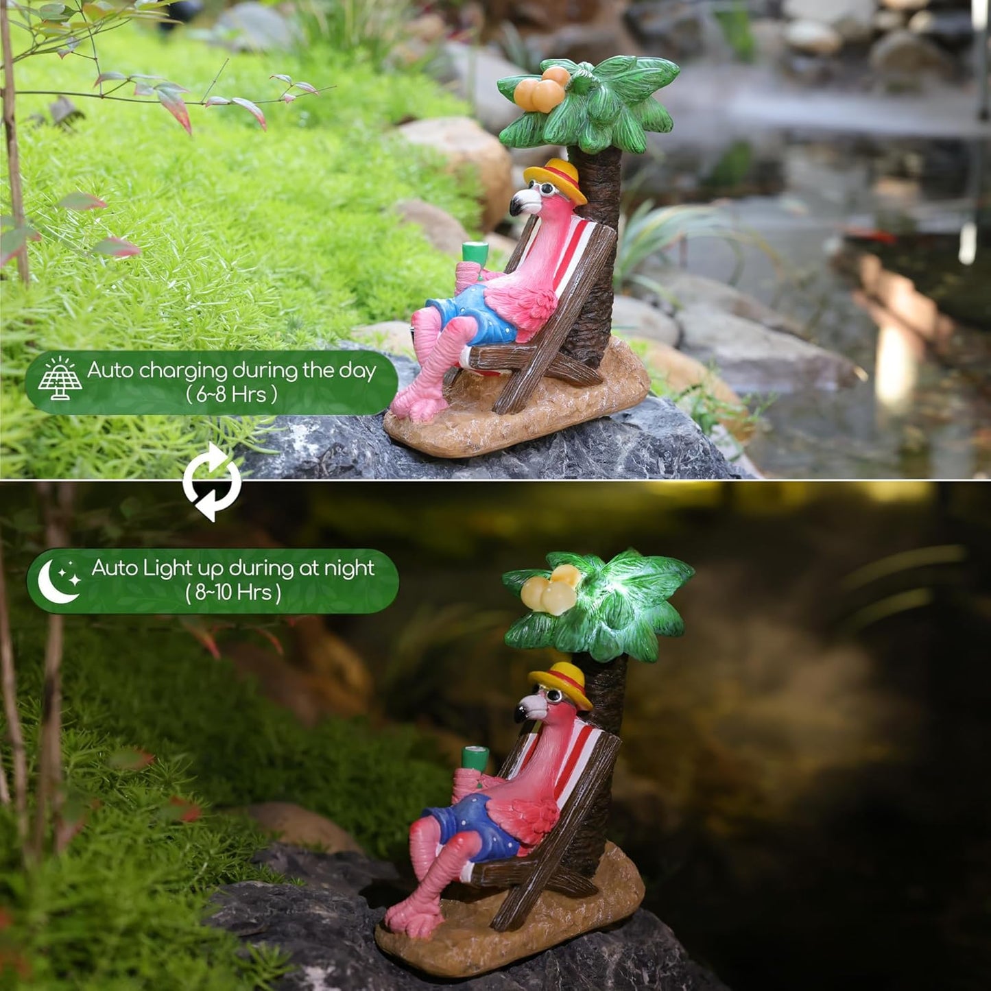 Pink Flamingos for Yard-Solar Garden Statues Gifts - Flamingos on Beach Vacation Light up Coconut Tree for Outdoor Lawn Yard Decor