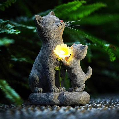 Solar Cat Garden Statue Outdoor Decor - Mother & Kitten Figurines with Flower LED Light, Outside Yard Art Patio Balcony Lawn Ornament, Unique Gifts for Cat Lover