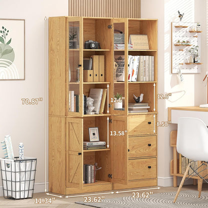 71" Tall Bookshelves Set of 2, Bookcase with Drawers & Bookshelf with Doors, Wooden Bookshelves Floor Standing Display Storage Shelves Home Decor Furniture for Home Office, Living Room,Natural