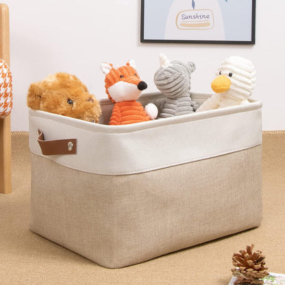 DULLEMELO Collapsible Rectangle Fabric Storage Basket for Organizing Clothes, Toys, Towels, Books, Laundry, Nursery, Dog Toys (White & Khaki)
