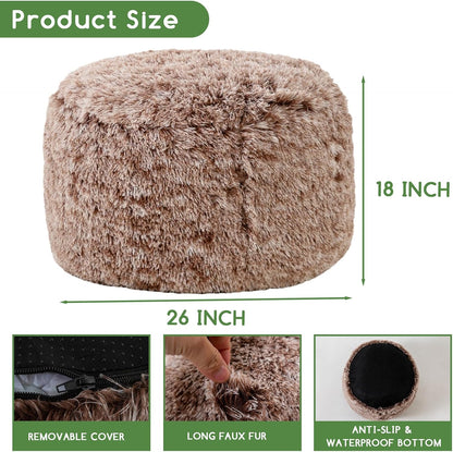 HIGOGOGO Round Stuffed Pouf Ottoman, Long Faux Fur Poufs with Foam Chunk Filling, Fluffy and Furry Pouf Foot Stool Storage Ottoman, 26 X 18 Floor Poufs Foot Rest for Living Room,Coffee
