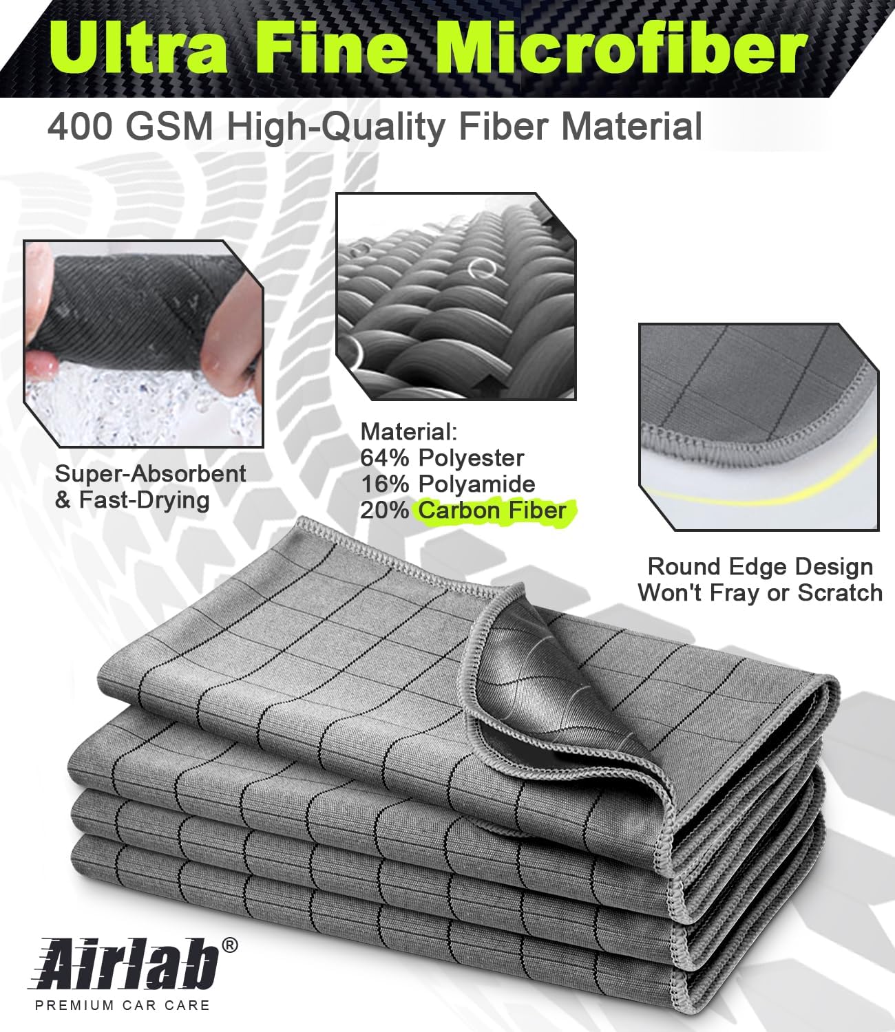 Airlab Carbon Microfiber Towels for Car Drying Window Glass Cleaner Magic Cleaning Cloth Auto Detailing Car Wipes Lint Free Rags Large Towel Interior Detailer, Pack of 4, 20" x 16", Grey