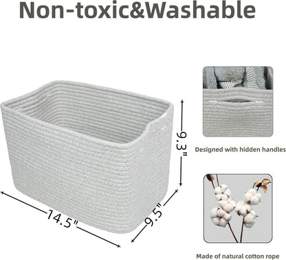 Cotton Rope storage Basket Bins Woven Basket for Organizing Shelves 14.5X9.5X9.3“ Rectangle Decorative Baskets For storage Clothes Toys Books Towels Square Wicker Nursery basket organizer 3 pack grey