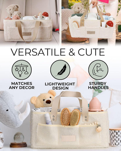 Baby Diaper Caddy Organizer with Portable Changing Mat - Teddy Fleece Diaper Organizer for Changing Table - Basket for Changing Essentials - Baby Essentials Organizer with Removable Dividers