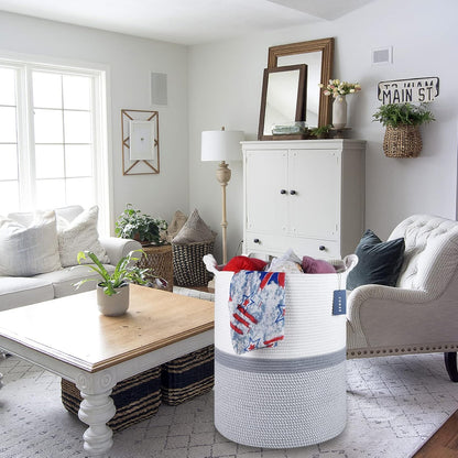 COMSE Extra Large Blanket Basket, Tall Woven Storage Basket, Nursery Hamper, 15.7”x 21.7”, Cotton Rope Laundry Hamper for Toys Clothes Towels, Blend White/Gray