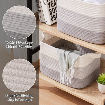 Storage Baskets for Organizing, Woven Baskets for Shelves, Rectangle Decorative Organizer for Storage Clothes, Toy, Books, Towels Nursery Bins 3 Pack (Gradient Grey)