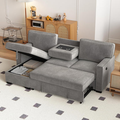 EBELLO Convertible Sleeper Sofa 3 in 1, Chenille Modern L-Shaped Couches for Living Room, Pull Out Sectional Futon Sofa Bed with Storage Space, USB Ports and Cup Holders for Bedroom, Grey