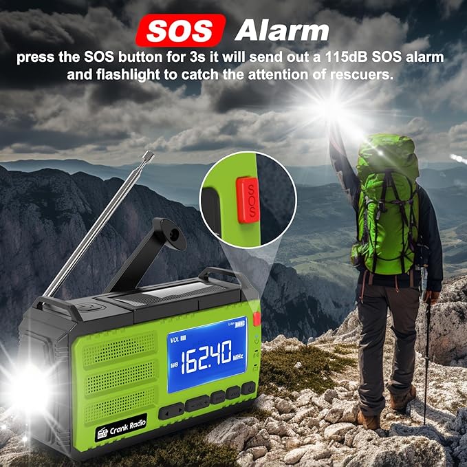 Emergency Weather Radio, Solar Hand Crank Radio AM/FM NOAA 37000mWh, Weather Alert Radio with 3 Mode Flashlight, Reading Lamp, SOS Alarm, Compass, Headphone Jack for Home Camping Emergency (Green)