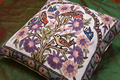 Tree of Life Pillow Cover Lavender Floral Pillowcase Botanical Flower Pillows Plants Farmhouse Traditional Chair Cushions Needlepoint Hand Embroidered Wool Size - 18x18