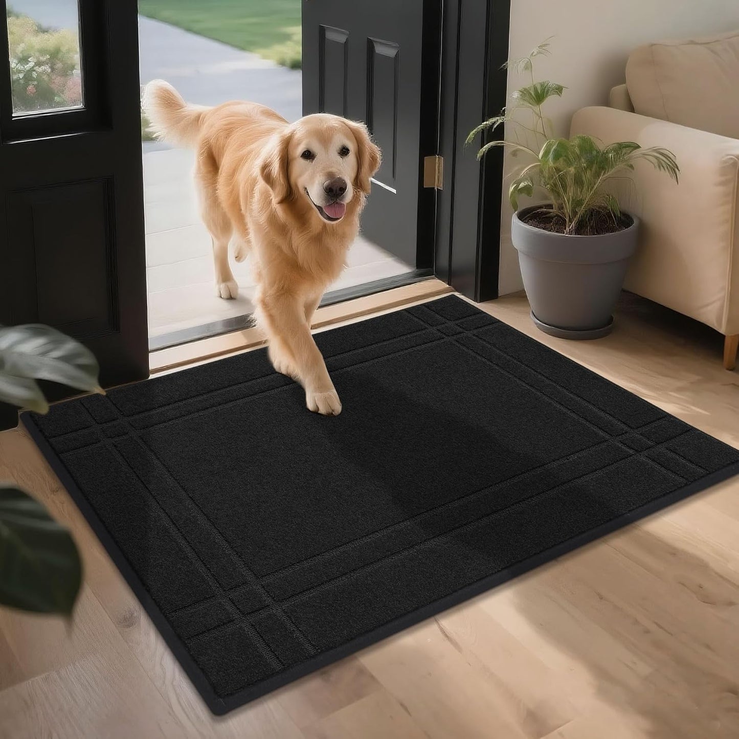 JSEI Entryway Rugs Doormat 32"x48", Non-Slip Dirt Trapper Door Mats Indoor, Washable Absorbent and Stain Resist Welcome Floor Mat for Front Door, Dog Door Mat, Muddy Wet Shoes & Paws, Black
