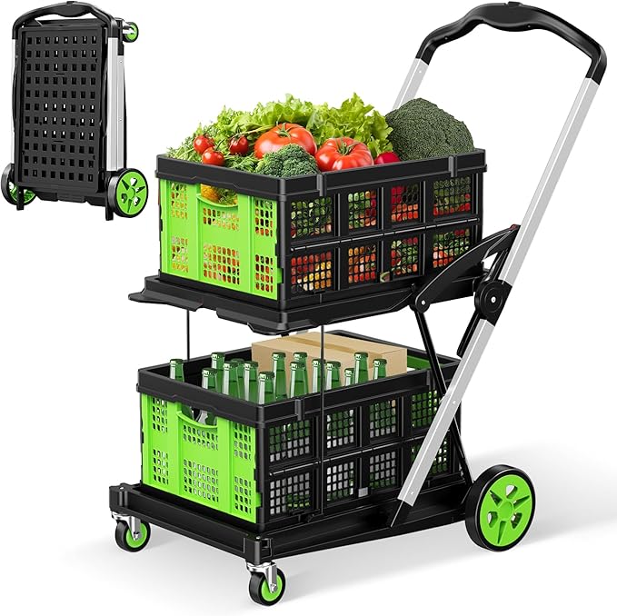 Collapsible Shopping Cart, 8-in-1 200LBS Multi Functional Utility Cart with 2 Storage Crate,Adjustable Handle Grocery Cart on Wheels for Shopping/Warehouse/Office/Supermarket -Green