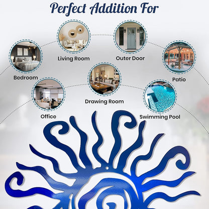 Riverside Designs Wacky Sun Metal Wall Art Indoor/Outdoor Decor - 18" Blue Rust Proof Wall Sculpture - Made in USA - Ideal for Bedroom, Garden, Home, Patio and Farmhouse