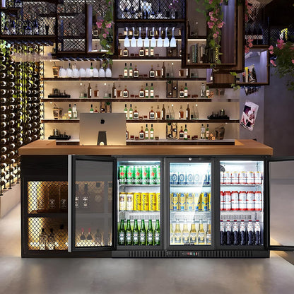 BODEGACOOLER Back Bar Cooler With 3 Glass Doors,11.4 Cu.Ft Commercial Back Bar Fridge with LED Lighting,Counter Height Bar Outdoor Beverage Cooler for Beer,Soda Drinks,Wine
