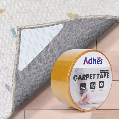 Adhes Double-Sided Carpet Tape, 2 Inch x 12 Yard Rug Tape with 8 Anti-Skid Pads, Heavy Duty Carpet Grip Tape for Hardwood Floors, Area Rugs, and Tile