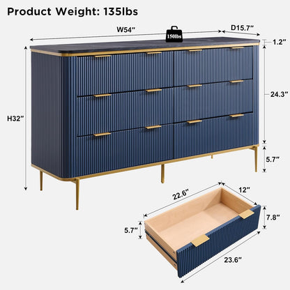 T4TREAM Fluted 6 Drawers Dresser for Bedroom, 54" Wide Modern Dresser TV Stand, Gold Accents, Fluted Fronts, Wood Storage Dressers Organizer for Bedroom, Living Room, Navy Blue