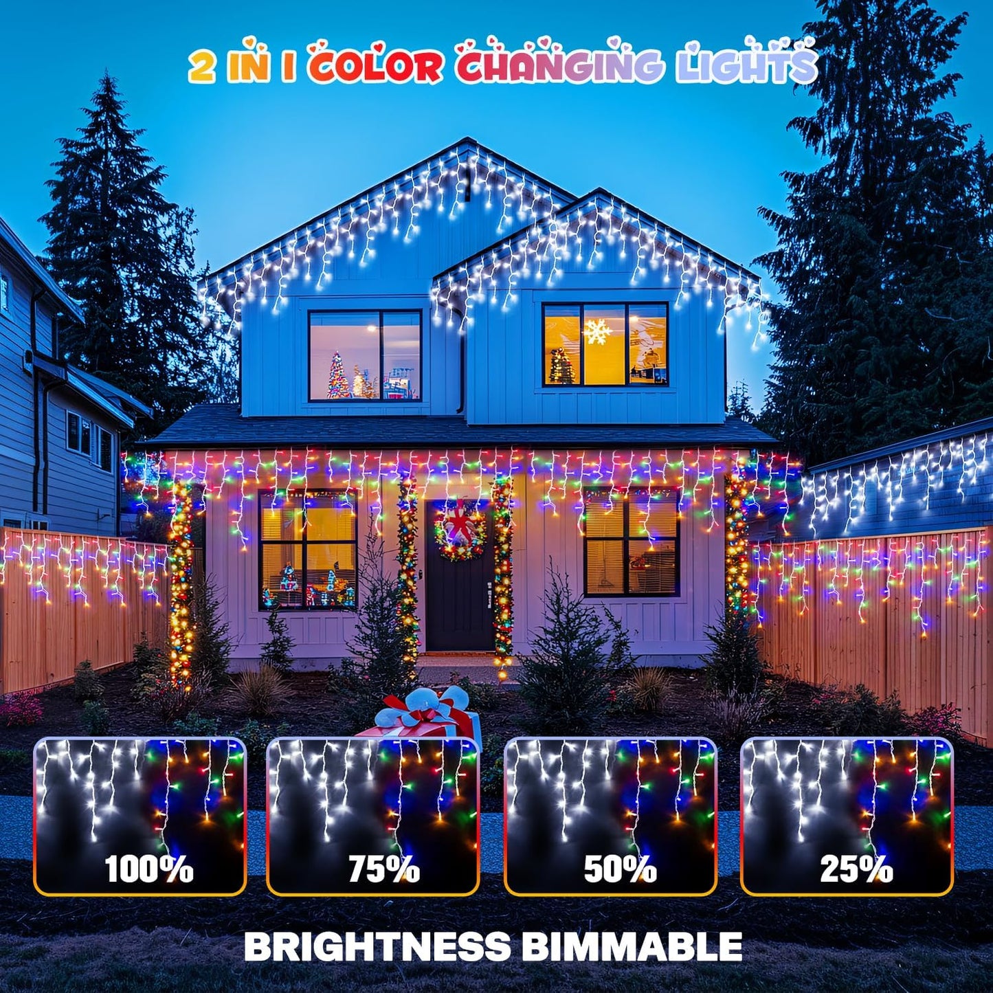 JMEXSUSS Color Changing Lights Outdoor Waterproof, 11 Modes 400 LED Christmas Icicle Lights with 40 Drops, White to Multicolor Icicle Lights for Indoor Christmas Eaves Party Decorations