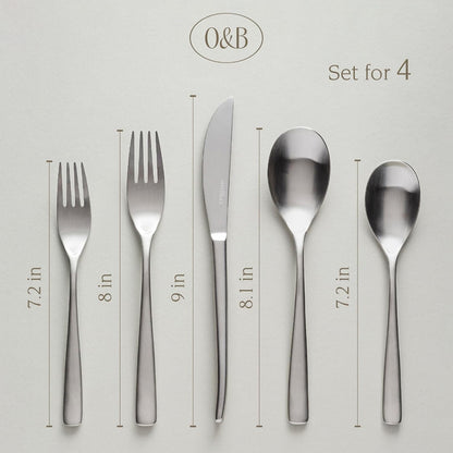 over&back 20pc Curved Flatware Cutlery Set - Comes with 4 Dinner Forks, 4 Salad Forks, 4 Dinner Knives, 4 Dinner Spoons, and 4 Teaspoons - 18/8 Stainless Steel - Dishwasher-Safe - Brushed Stainless