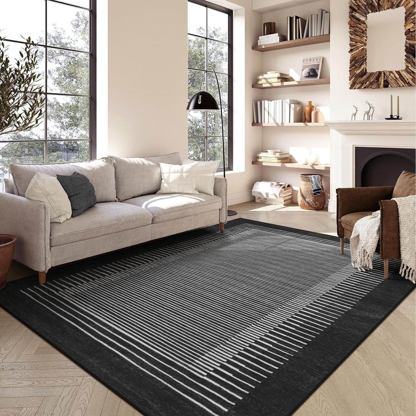 Wonnitar Washable Striped 5x7 Washable Area Rug, Non-Slip Black Berber Stripe Rugs for Living Room, Low Pile Minimalist Floor Carpet Rugs for Bedroom Dining Room Home Office (Black,5' x 7')
