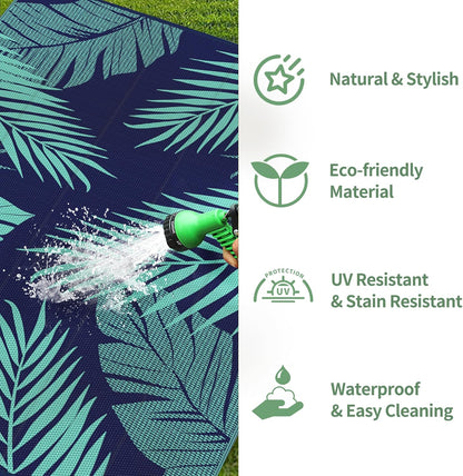 GENIMO Outdoor Rug 8' x 10' Waterproof for Patios Clearance, Reversible Outdoor Plastic Straw Camping Rug Carpet, Large Area Rugs Mats for RV, Camper, Deck, Balcony, Porch, Beach, Navy Blue&Jade Green