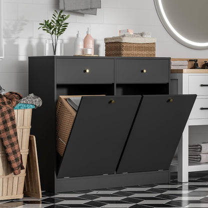 Double Tilt Out Trash Can Cabinet, Trash Storage Cabinet with 2 Drawers, Hidden Garbage Bin, Free Standing Laundry Sorter Organizer for Kitchen Dining Living Room, Bathroom, Black