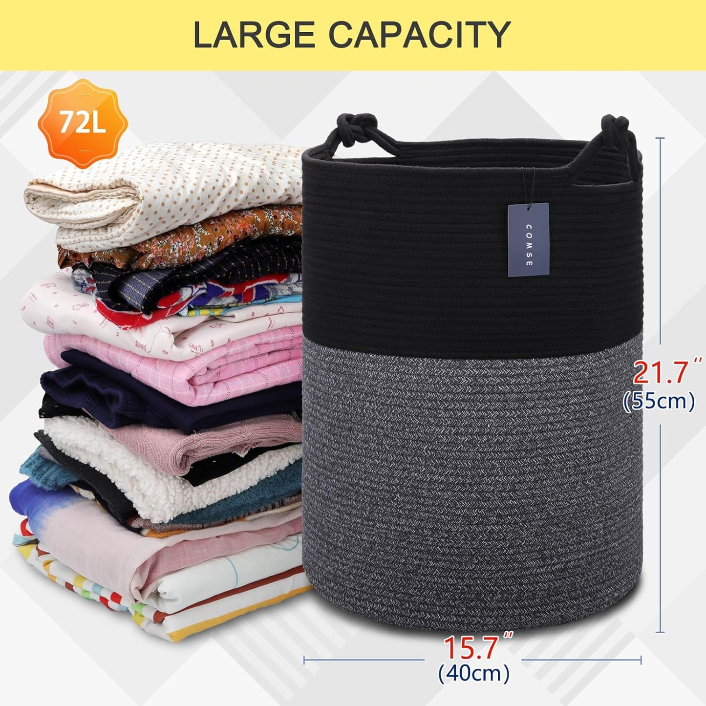 COMSE Extra Large Blanket Basket, Tall Woven Storage Basket, Nursery Hamper, 15.7”x 21.7”, Cotton Rope Laundry Hamper for Toys Clothes Towels, Black