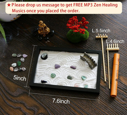 Mini Meditation Zen Garden Kit - Japanese Tabletop Rock Sand Chakra Buddha Garden Home Office Desk Decor Gifts for Father Mother Birthday - Sandbox w/Rake Tool Accessories