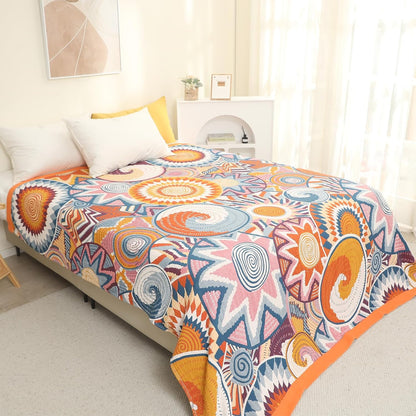 Snycler Boho Throw Blanket for Bed - 100% Cotton Ultra Soft Rustic Quilt Fall Blanket - Orange Floral Printed Farmhouse Decor Bed Blankets, 80"×90" All Season Rustic Throw for Sofa Couch Chair