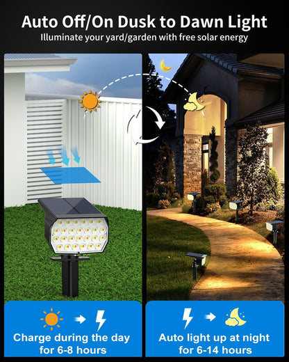 3 Colors Solar Lights Outdoor Waterproof IP65 Outdoor Solar Spot Lights for Yard 52 LEDs 600LM Solar Powered Landscape Spotlights Solar Security Wall Lights for Garden Pathway Outside- 6 Pack