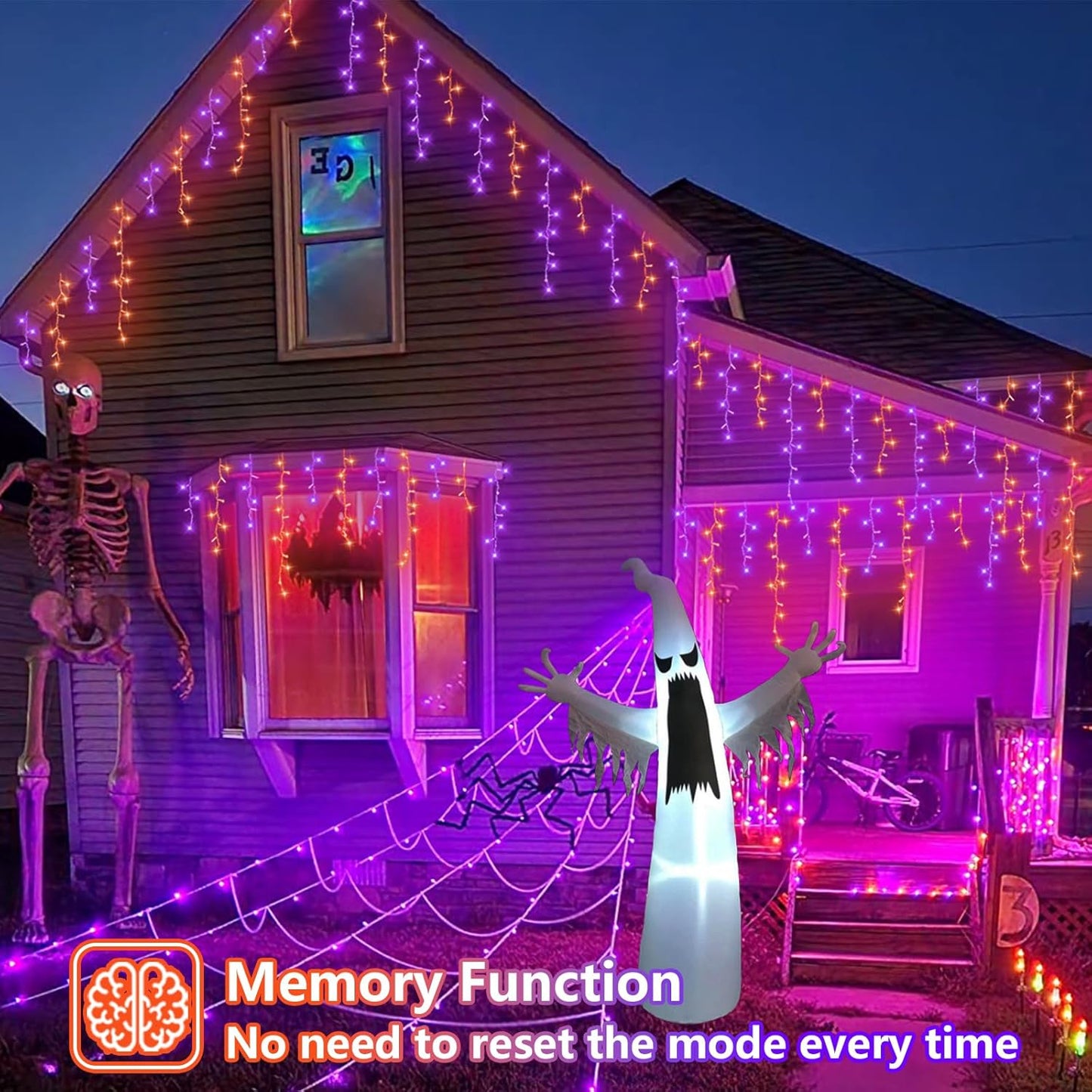 YEGUO 33ft 400 LED Orange and Purple Icicle Halloween Lights, 80 Drops Icicle Lights Connectable, 8 Modes Icicle Christmas Light with Memory Timer