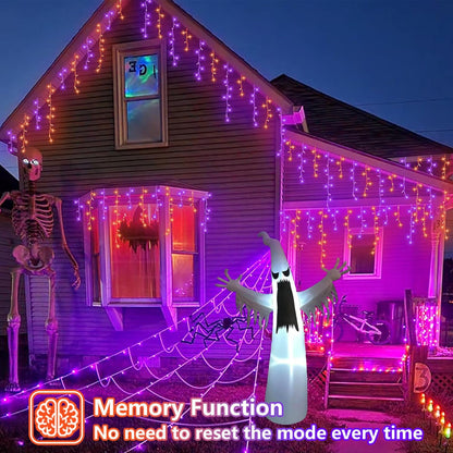 YEGUO 33ft 400 LED Orange and Purple Icicle Halloween Lights, 80 Drops Icicle Lights Connectable, 8 Modes Icicle Christmas Light with Memory Timer