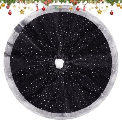 Christmas Wedding Tree Skirt,45 inch 4-Layer Fluffy Romantic Pleated Sparkly Halloween Skirt Decoration Xmas Tree Ornament for Holiday and Party(Black)