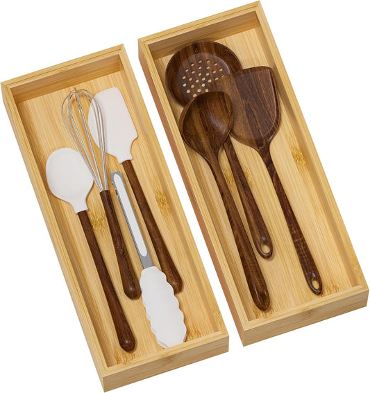 Kitchen Drawer Organizer Bins, Stackable Bamboo Deep Drawer Organizer for Silverware, Utensils, Cutlery, Flatware, Junk Drawer, Dresser, Bathroom, 15" x 6" x 2.5" (Set of 2)