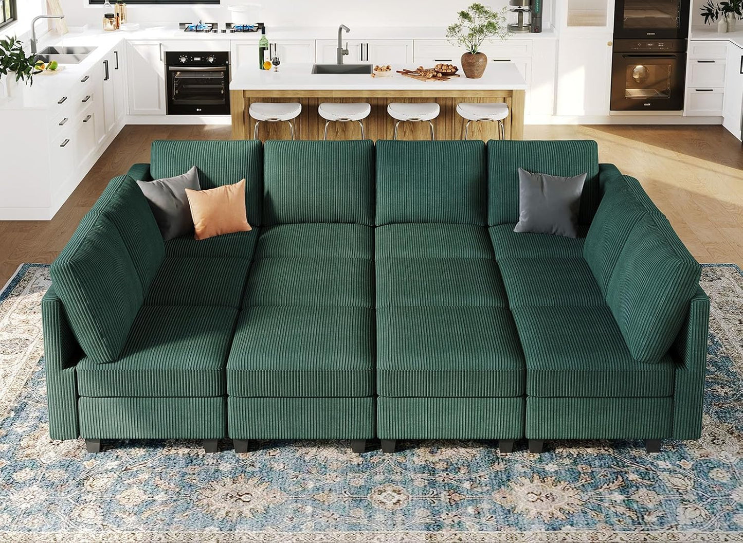 Belffin Oversized 12 Seat Modular Sectional Sleeper Sofa Convertible Sleeper Sectional Sofa with Storage Seat Large Corduroy Modular Couch for Living Room Green