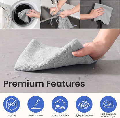 Microfiber Cleaning Cloths - 12 Pack, Grey, 12.2" x 12.2", Lint-Free, Streak-Free, Absorbent, Multi-Purpose, Heavy-Duty, Durable, Easy to Clean