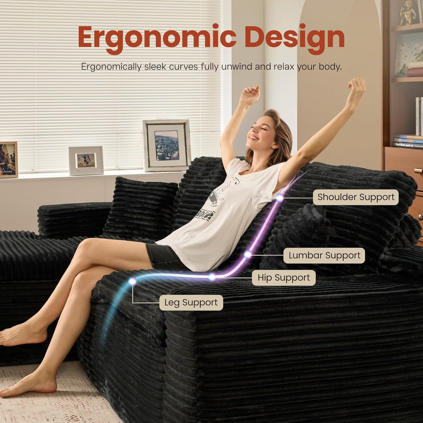 ovios 105” Modular Sectional Sofa with Thicken Seat Cushion, Cloud Couch with Deep Seat, Modern L-Shape Sofas Couches with Chaise,Upholstered Couches for Living Room Bedroom,Black