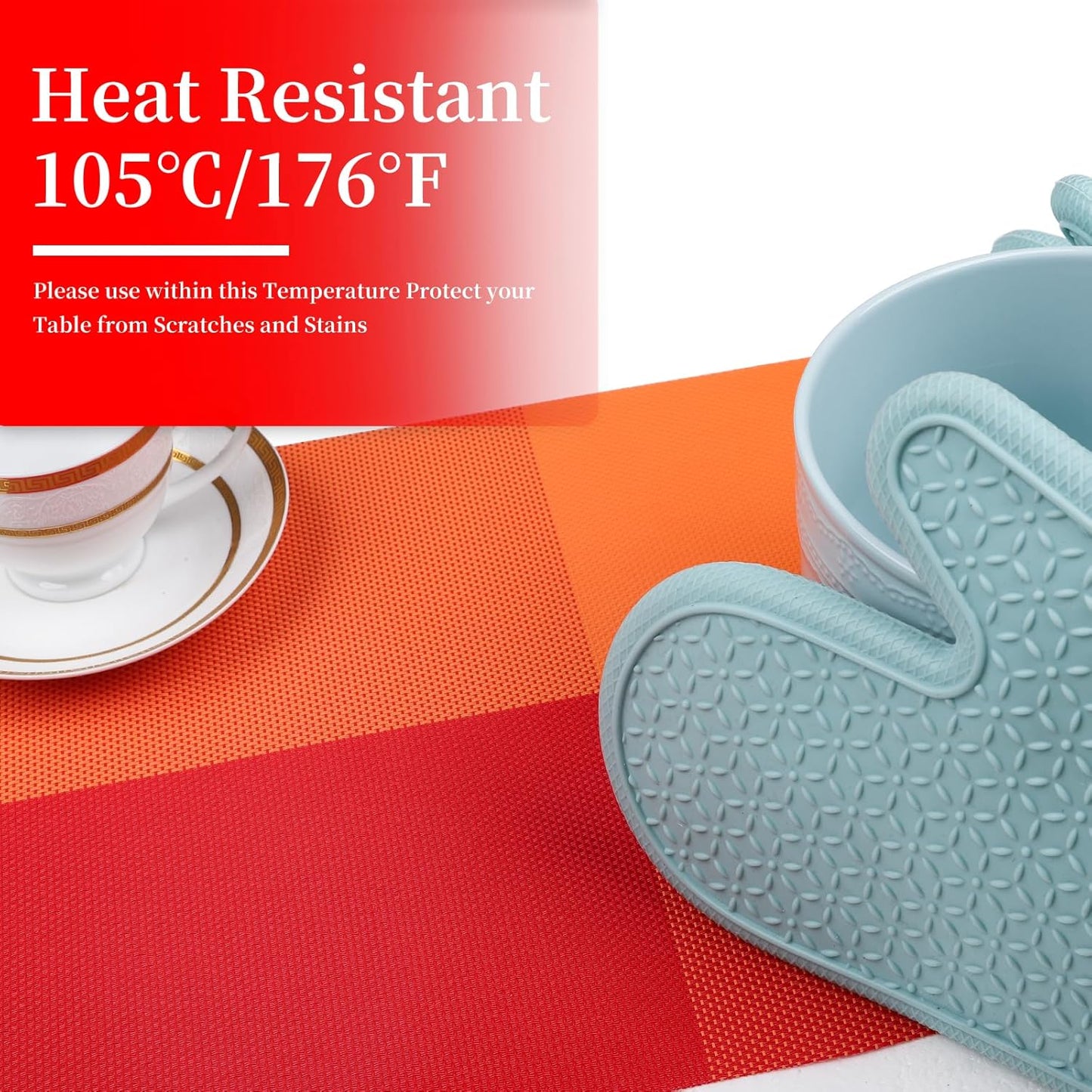 Vinyl Plastic Placemats Set of 6 Washable Heat Resistant Non-Slip Elegant Indoor Outdoor Kitchen Dining PVC Woven Table Place Mats (Orange Red Lattice Block)