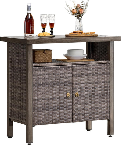 Outdoor Storage Cabinet, Woven Rattan Bar Table with 2 Doors, Slatted-Top, Wicker Console Table for Patio, Garden, Backyard, Kitchen - Brown