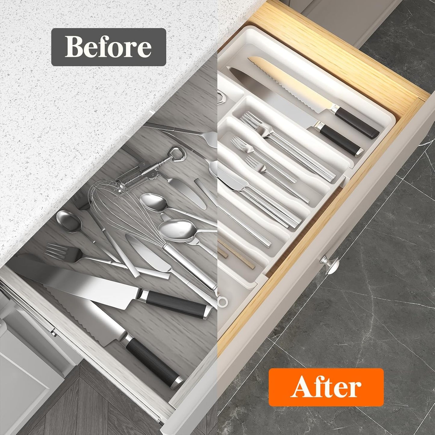 Lifewit Silverware Drawer Organizer and Utensil Organizer Set, Expandable Cooking Cutlery Tray for Kitchen, Adjustable Plastic Flatware Holder Storage Divider for Spoons Forks Knives, Large, White