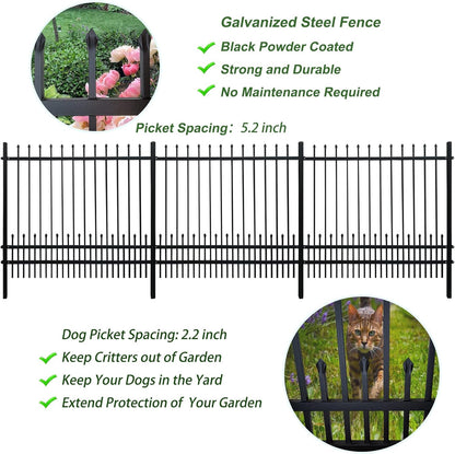 Metal Fence Panels with Dog Pickets, 6ft H x 6.5ft W Galvanized Steel Fence DIY Installation for Outdoor Garden Fence incl. 1 Fence Post, Wrought Iron Style Steel Fence, Black (Upgraded)