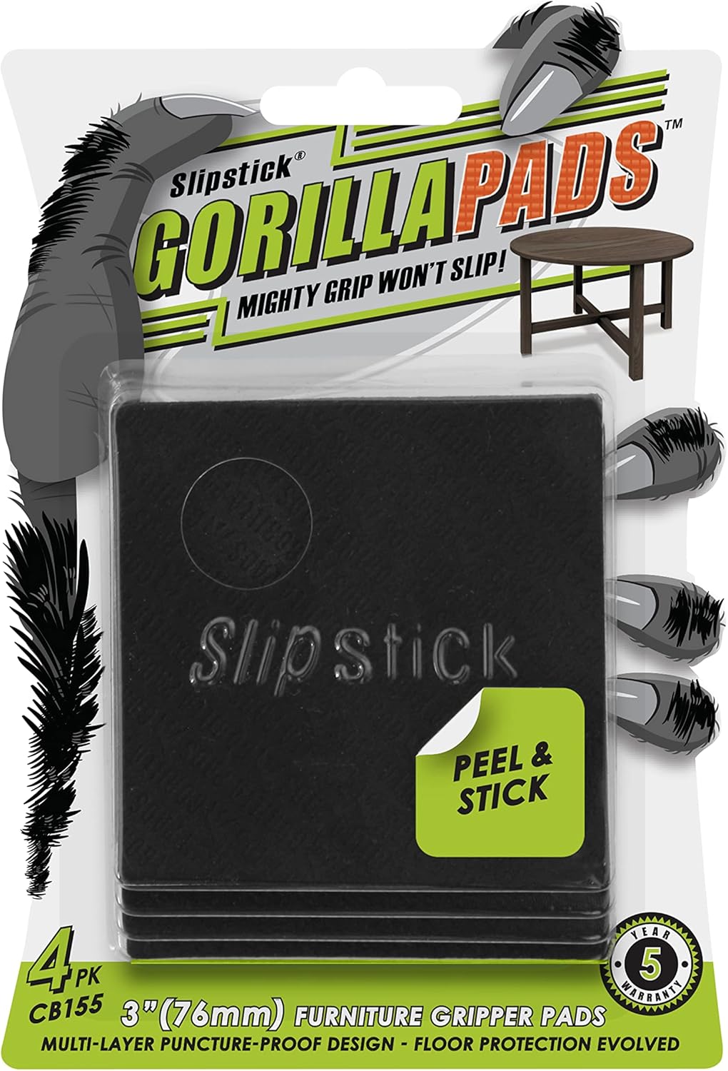 Slipstick GorillaPads Non Slip Furniture Pads/Gripper Floor Protectors (Set of 4) 3 Inch Square Self Adhesive Rubber Stoppers for Furniture Legs, CB155