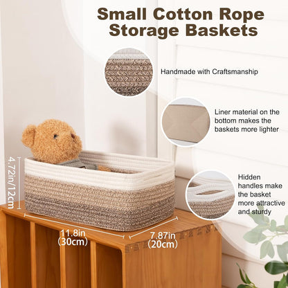 3 Pack Small Storage Baskets for Organizing, Cute Woven Decorative Gift Baskets for Shelves, Mini Closet Organizer Bins with Handles, 11.81''Lx7.87''Wx4.72''H-Brown White