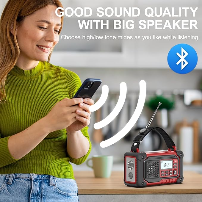 Emergency Weather Radio, AM/FM/SW/NOAA Hand Crank Radio with 10000mAH/37000mWh Portable Large Capacity, USB/Solar/Hand Crank Charging, AAA Battery Operated, SOS Alarm & Flashlight