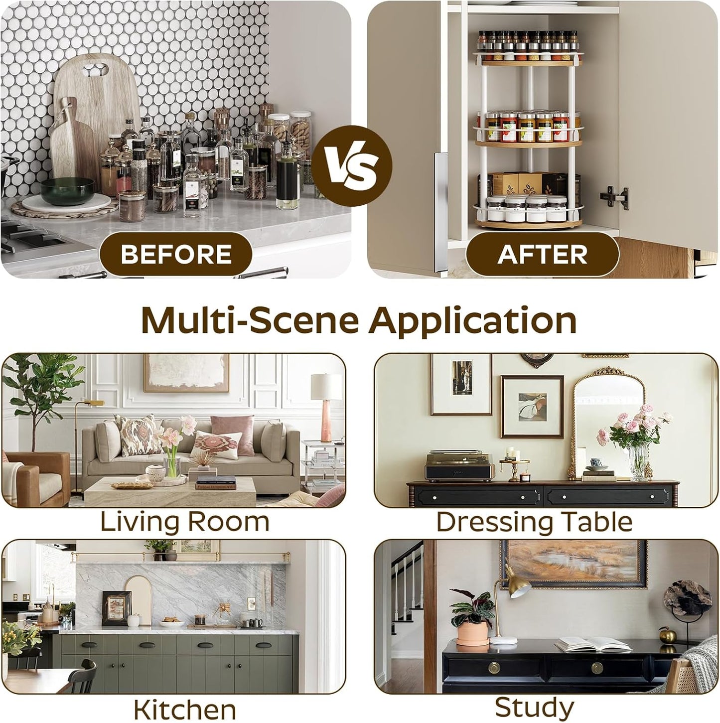 3-Tier Lazy Susan Organizer, Rotating Spice Rack, Spinning Organizer, Industrial Turntable Spice Rack Organizer for Cabinet, Kitchen Countertop, Pantry, White and Natural SR23WN