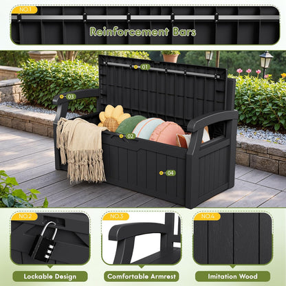 Greesum 80 Gallon Storage Bench Outdoor Deck Box with Armrest, Patio Furniture,Lockable, Waterproof and UV Resistant, Suitable for Garden, Pool, Black