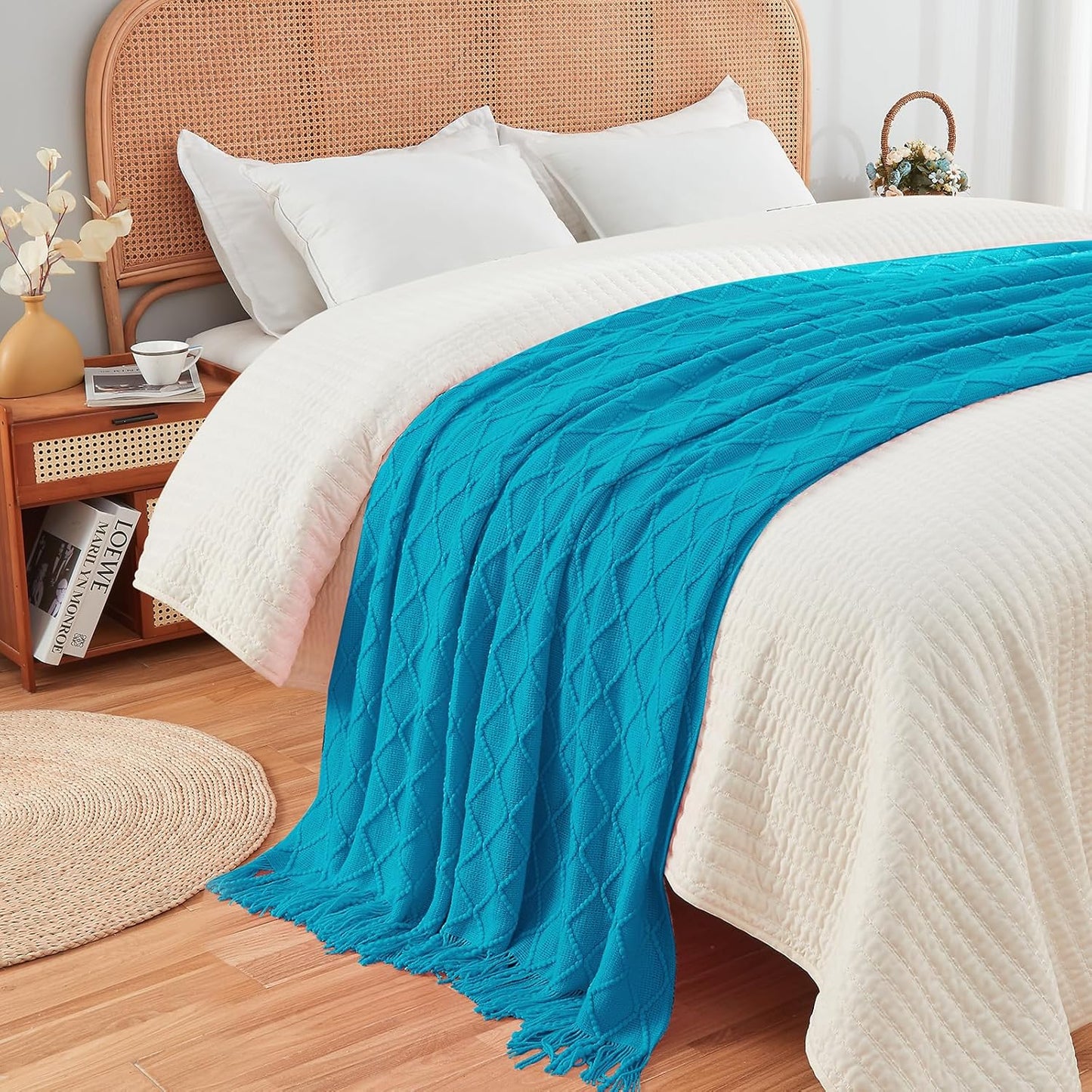 inhand Teal Throw Blanket for Couch and Bed, Soft Living Room Home Decor Knitted Blanket with Tassel, Outdoor Lightweight Breathable Summer Blanket, Farmhouse Warm Woven Decorative, 50"x60"