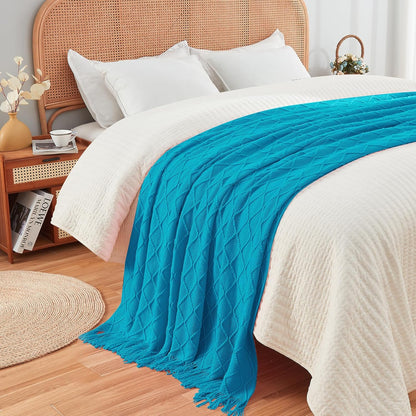 inhand Teal Throw Blanket for Couch and Bed, Soft Living Room Home Decor Knitted Blanket with Tassel, Outdoor Lightweight Breathable Summer Blanket, Farmhouse Warm Woven Decorative, 50"x60"