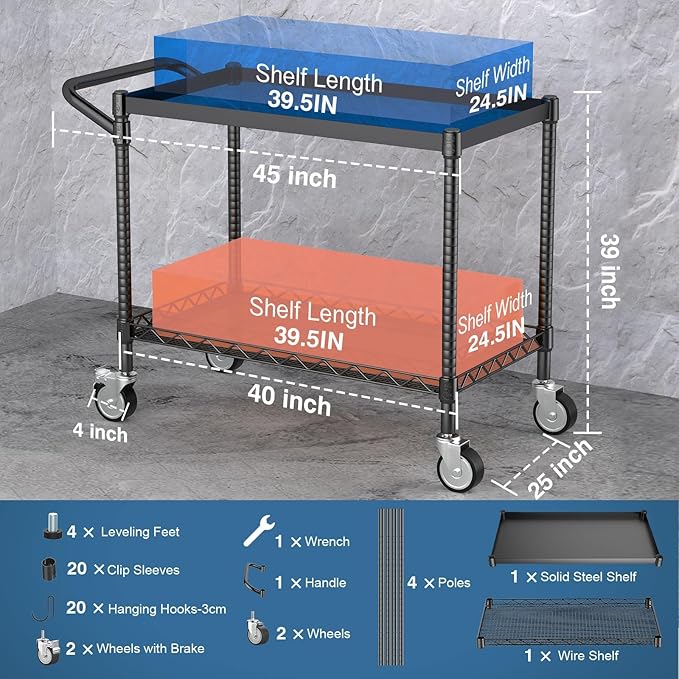 Leteuke 2 Tier Utility Cart with Wheels, NSF Certified 900LBS Capacity Heavy Duty Rolling Utility Carts with Handle Bar, Commercial Grade Metal Serving Storage Cart for Warehouse Garage Kitchen, Black