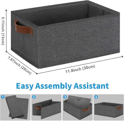 GhvyenntteS Small Fabric Storage Bins 6 Pack, 11.8" x 7.87" x 5.11" Storage Basket with Leather Handles, Closet Storage Bins for Shelves, Storage Baskets for Shelves, DVD Storage (Grey)