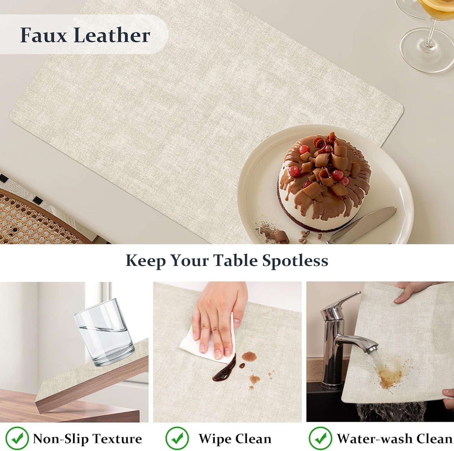 FROMHEART Faux Leather Placemats Set of 12–Waterproof,Heat/Oil Stain-Resistant PU Table Mat–Reversible,Non-Slip,Easy to Clean Place Mats for Kitchen,Dining,Indoor/Outdoor,(Beige,11.8" x 17")