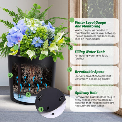 Tall Round Planter Set of 2, 20" Large Planter Pots with Built-in Drainage and a Water Level Monitor and Wheels for Patio, Porch, Living Room, or Home Office